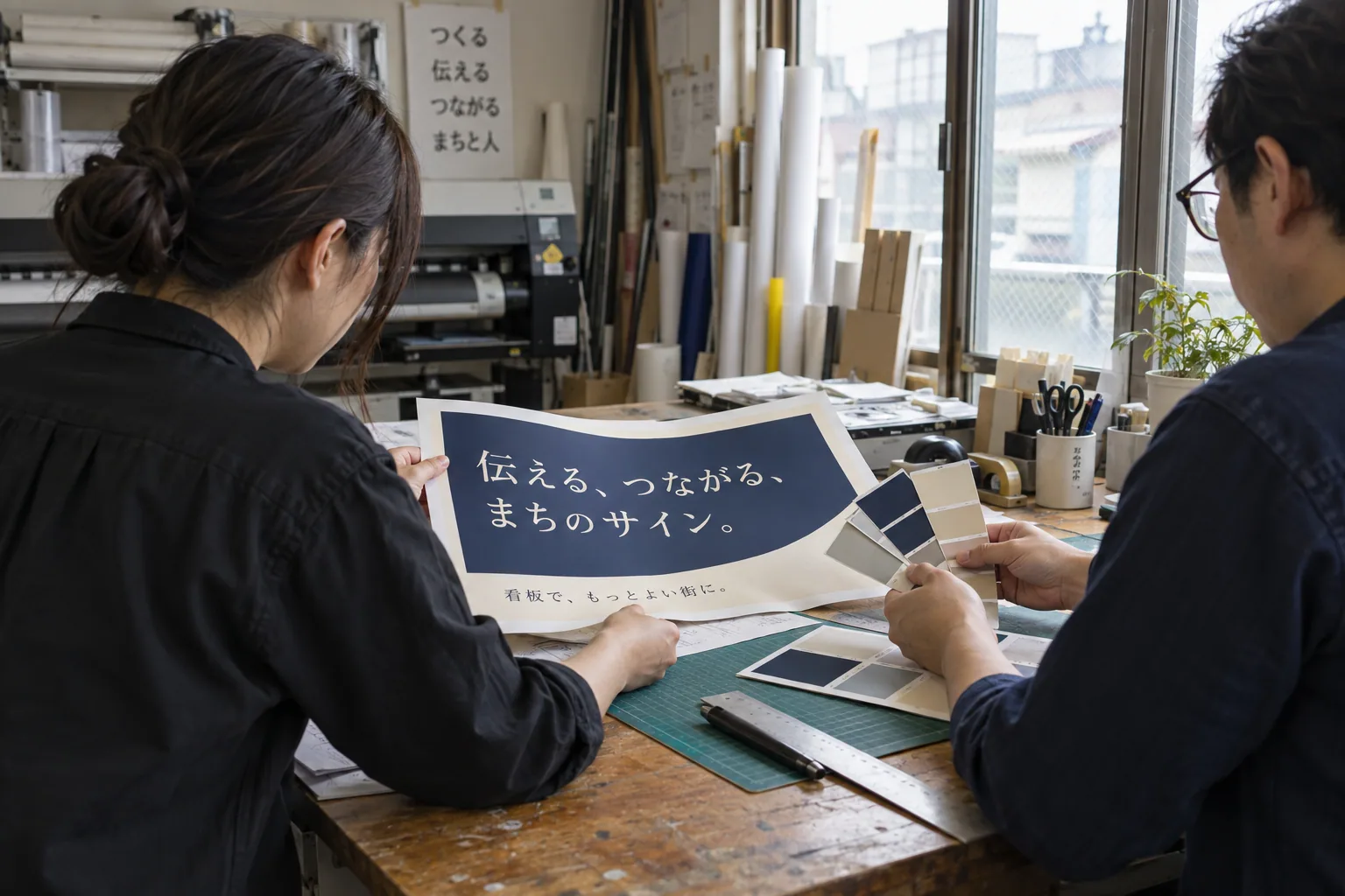 自然光の中で印刷見本を確認する打ち合わせの生成イメージ