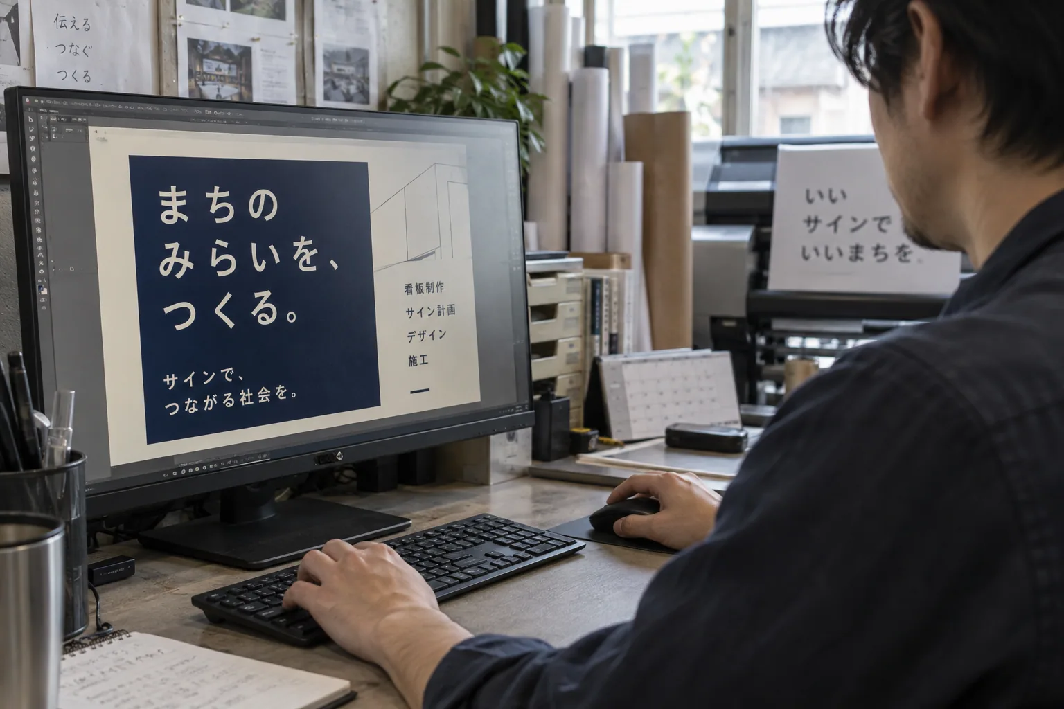 マウスとキーボードでサインを調整するデザイナーの手元の生成イメージ