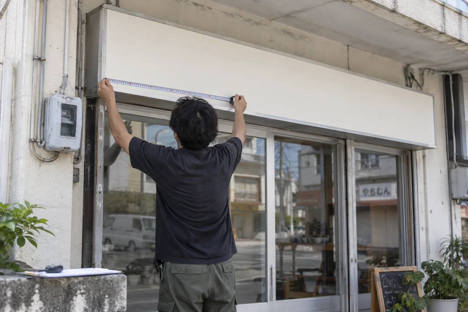 現場で看板の取り付け位置を採寸する職人の生成イメージ