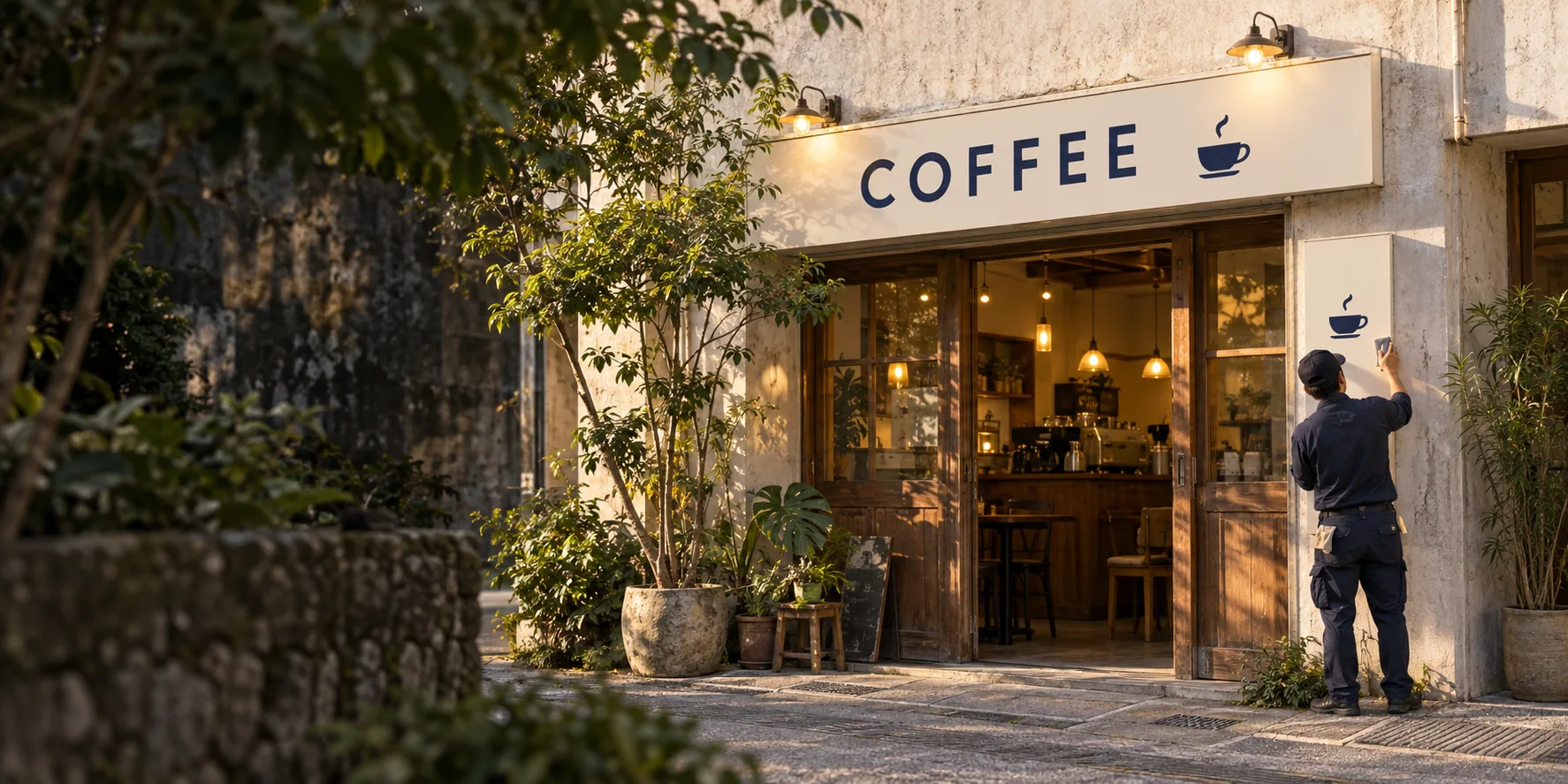 看板が仕上がる沖縄の店舗。温かな入口のそばで職人が施工する様子