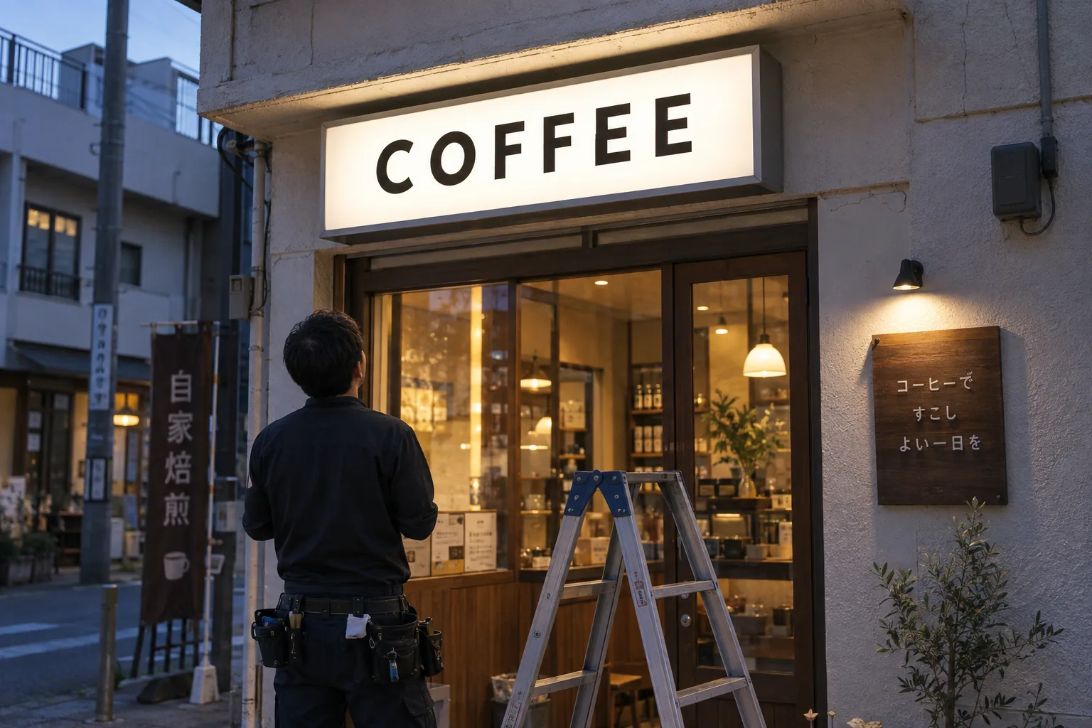 夕方の街で点灯を確認する電飾看板の生成イメージ