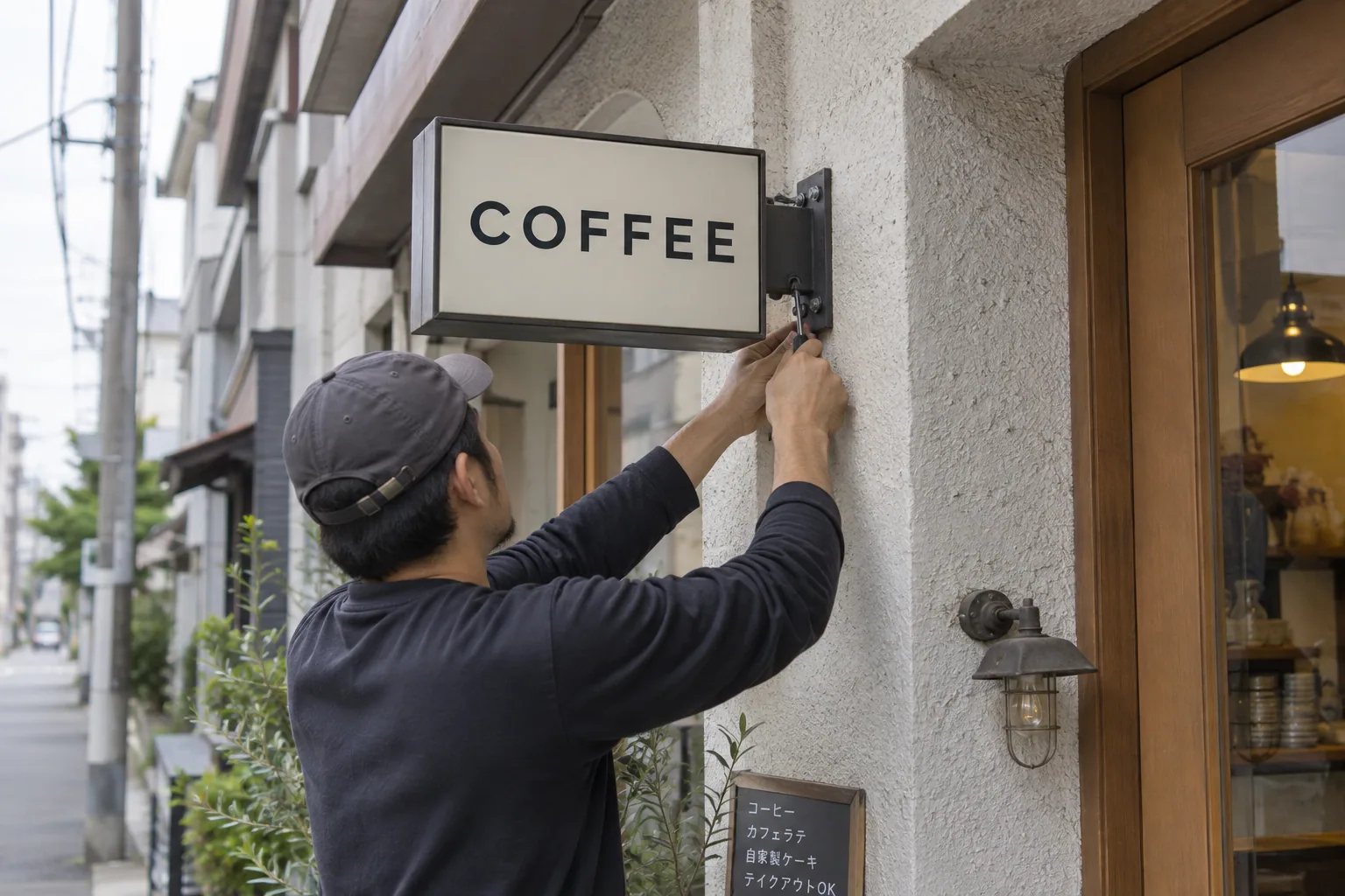 店舗の袖看板と取付金具を確認する職人の生成イメージ
