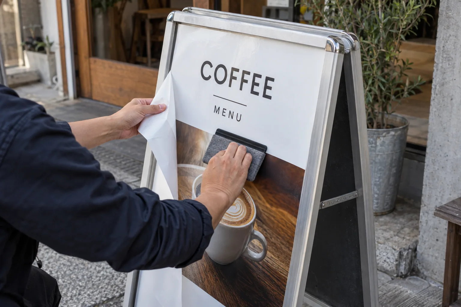 スタンド看板の表示面を貼り込む作業の生成イメージ