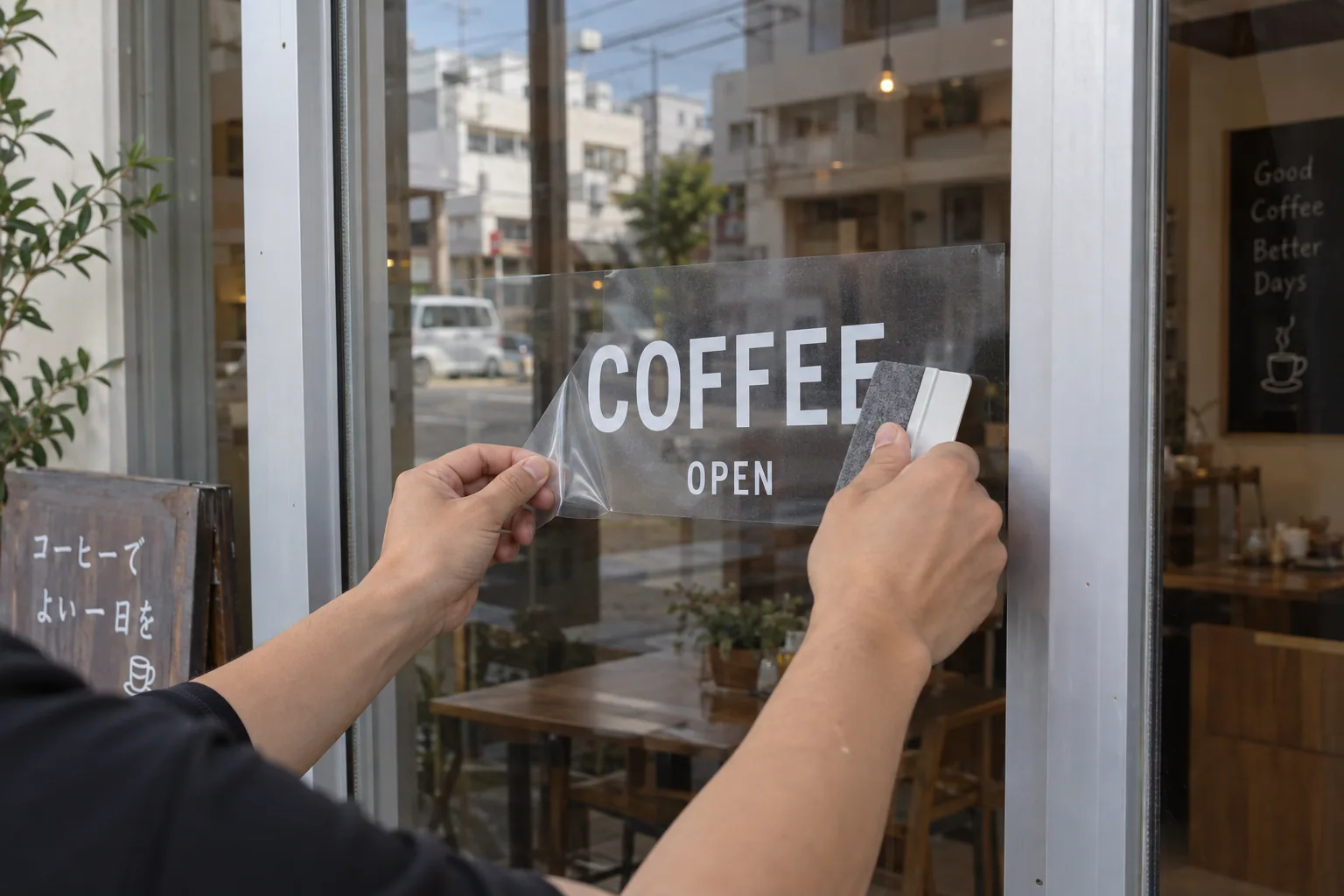 ガラス面に文字のシートを貼る手元の生成イメージ