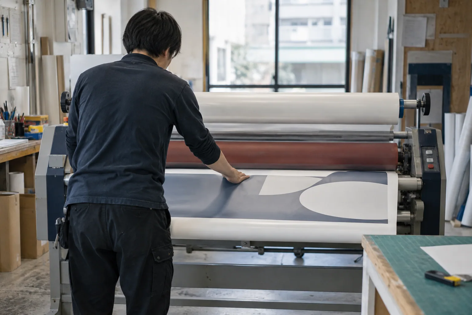 ラミネーターで看板用シートを加工する職人の後ろ姿の生成イメージ
