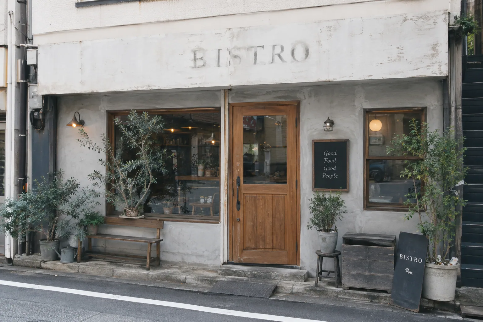 古く色あせた看板があるビストロの外観の生成イメージ