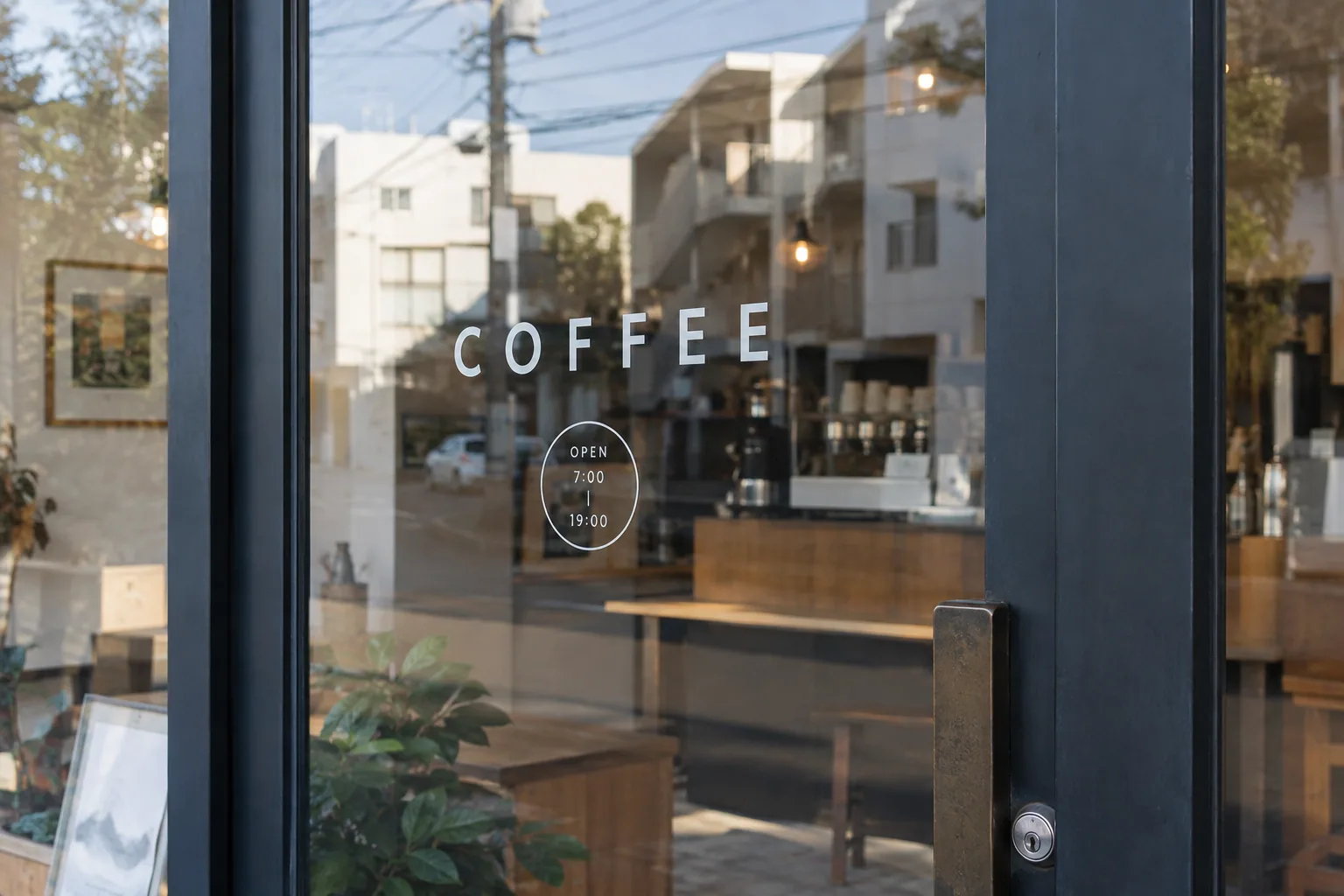 カフェのガラスに貼られた店名と営業時間の文字シートの生成イメージ