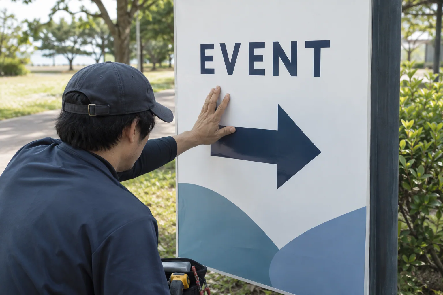 イベント会場の方向を示す看板を設置する職人の生成イメージ