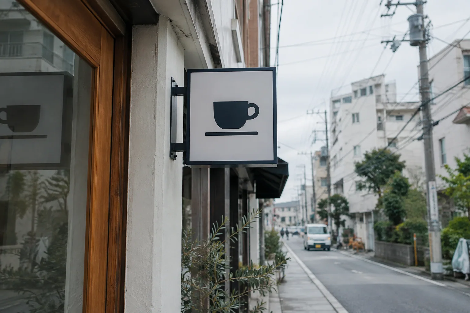 店舗入口から通りへ突き出した袖看板の生成イメージ