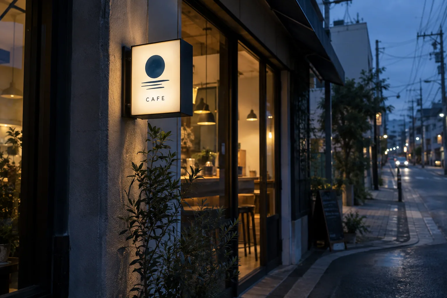 夕方の街で点灯するカフェの電飾看板の生成イメージ