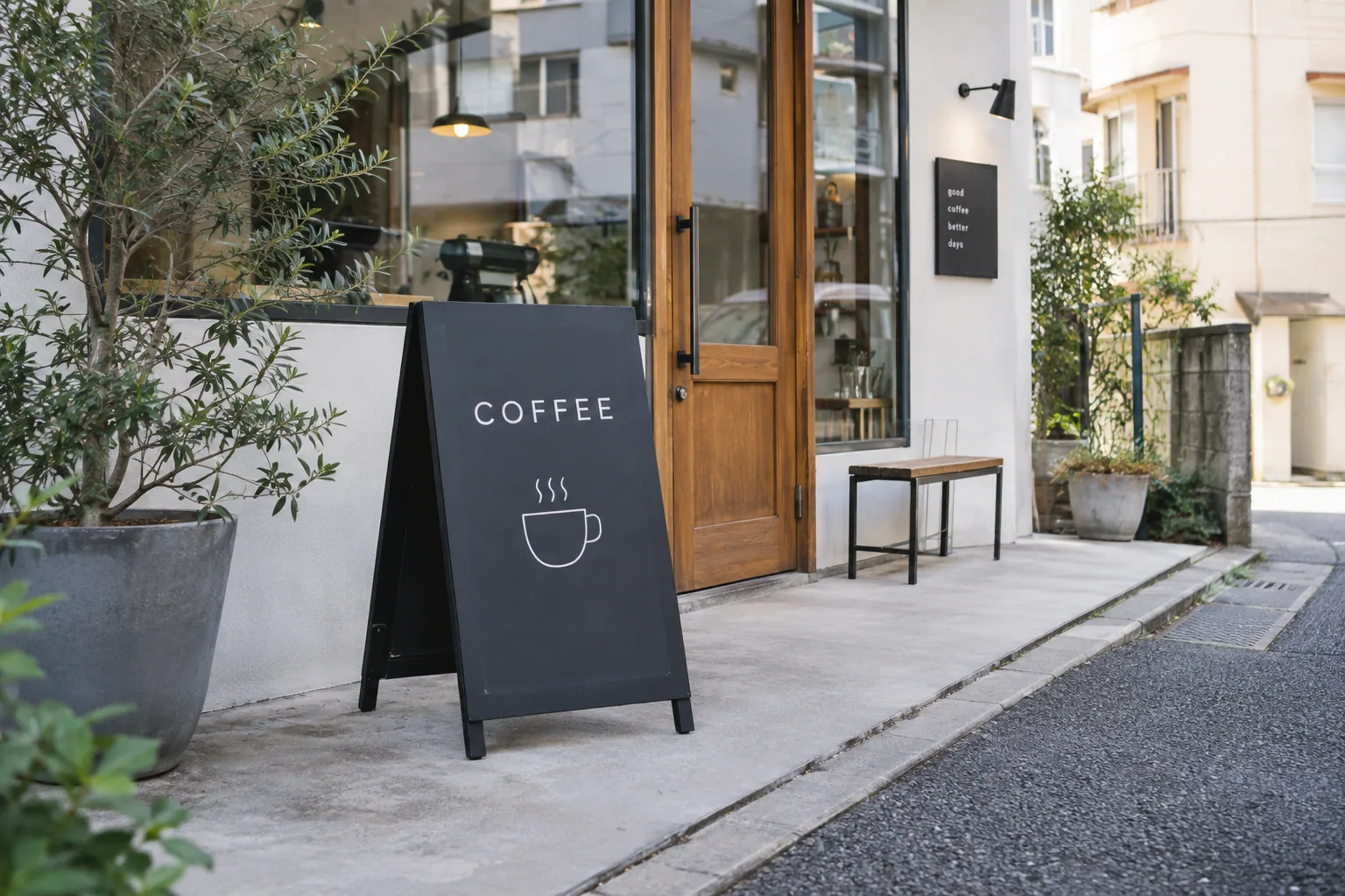 カフェの入口に置かれたスタンド看板の生成イメージ