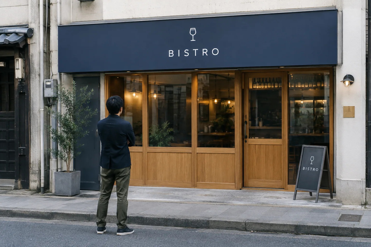 完成したビストロのシート看板を通りから確認する職人の生成イメージ