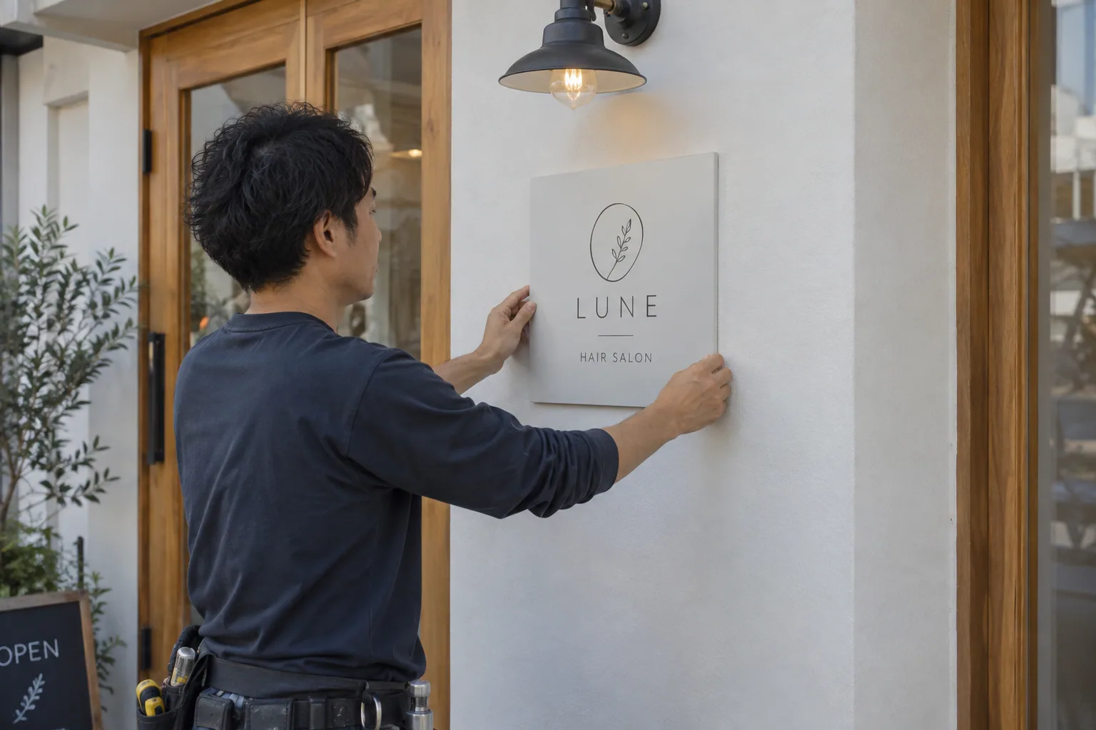 ヘアサロンの入口看板を取り付ける職人の生成イメージ