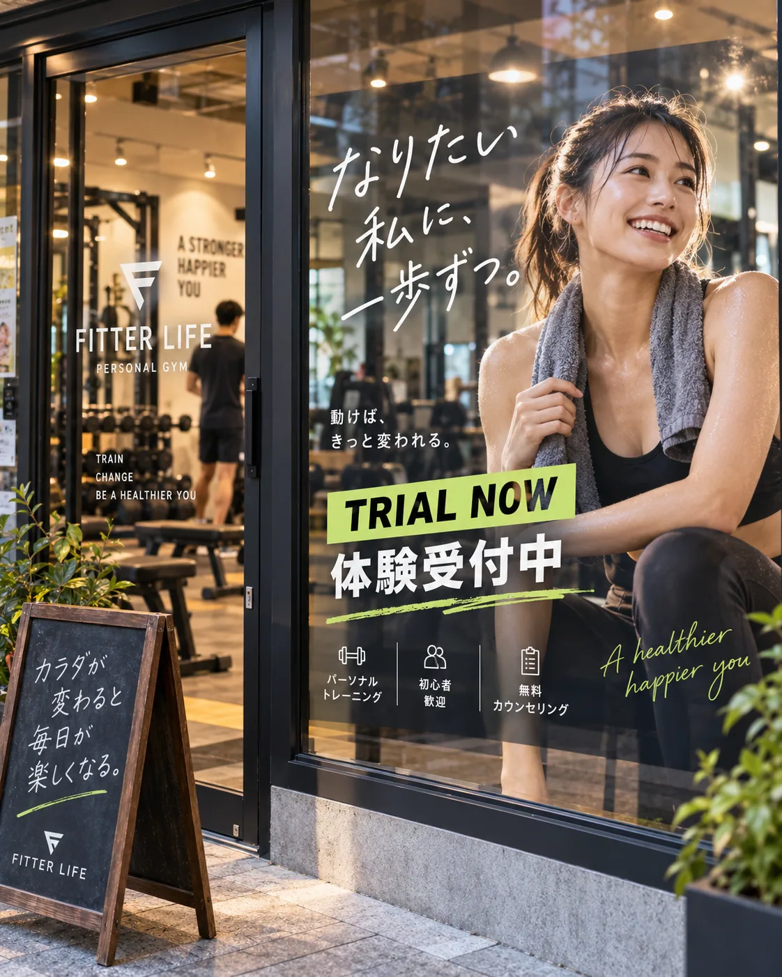 トレーニングのイメージと体験受付を知らせるジムの窓グラフィックの活用イメージ