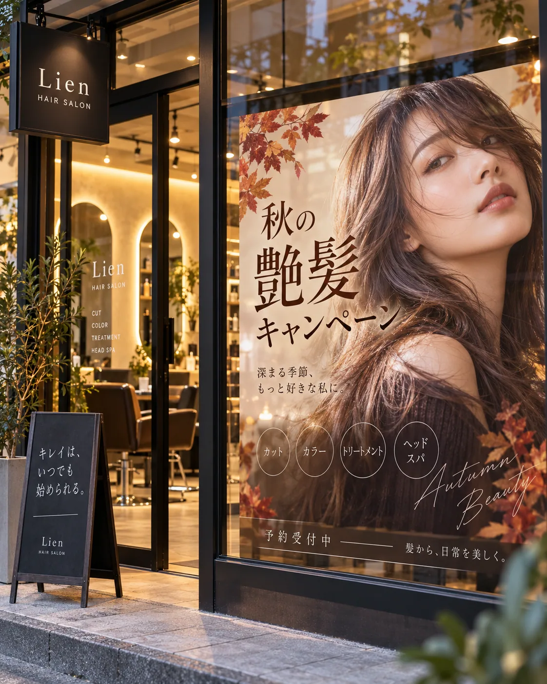 ヘアスタイルの写真と秋のキャンペーンを紹介する美容室の窓グラフィックの活用イメージ