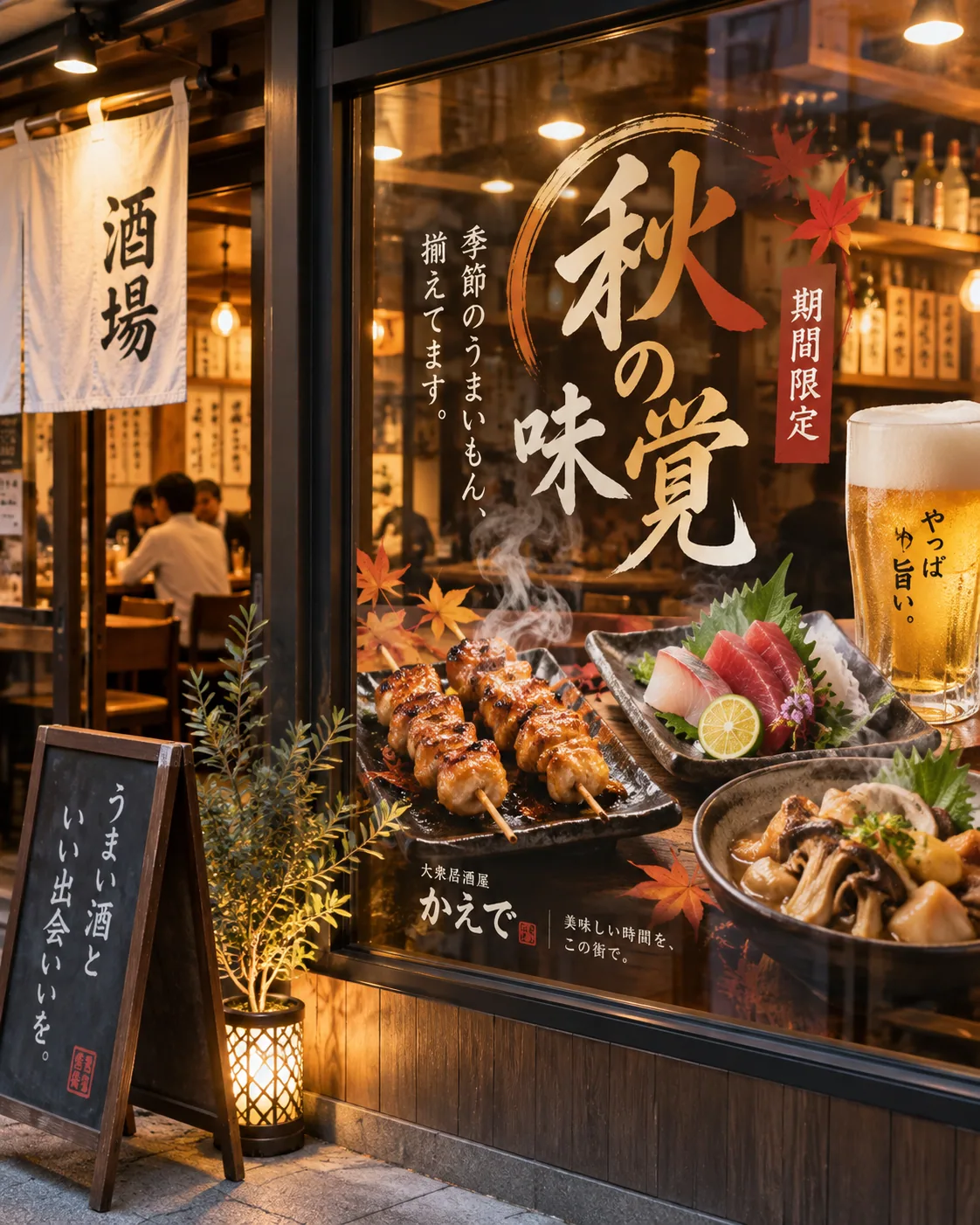 料理と飲み物の写真で秋の限定メニューを紹介する居酒屋の窓グラフィックの活用イメージ