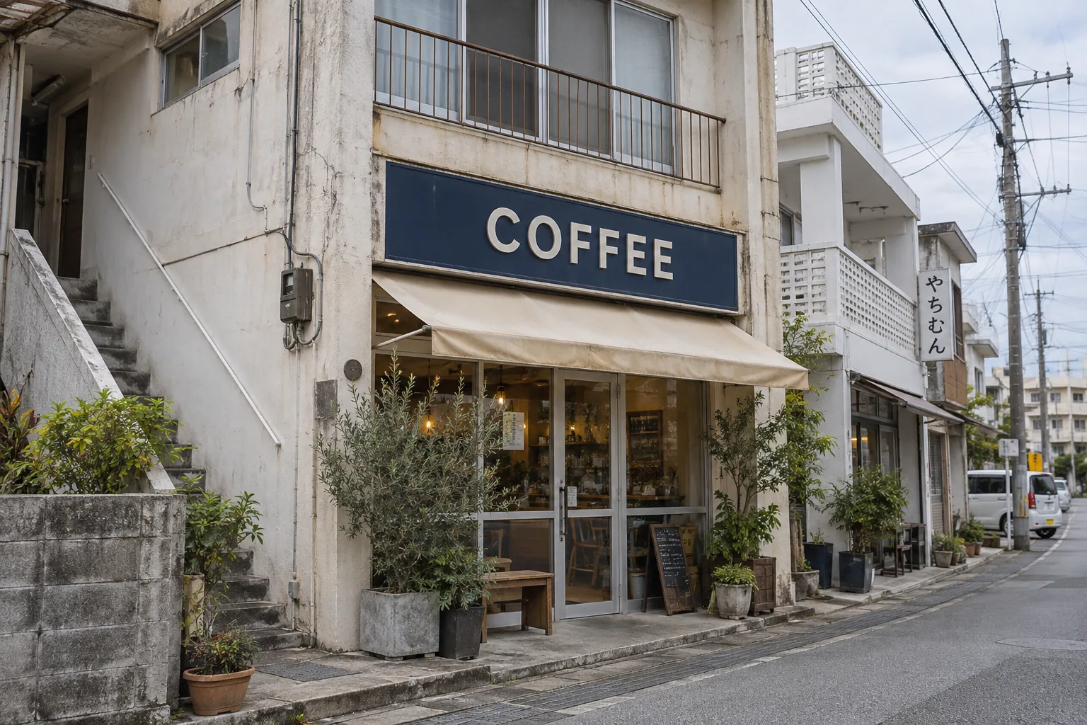 街の景色になじむカフェのファサード看板の生成イメージ